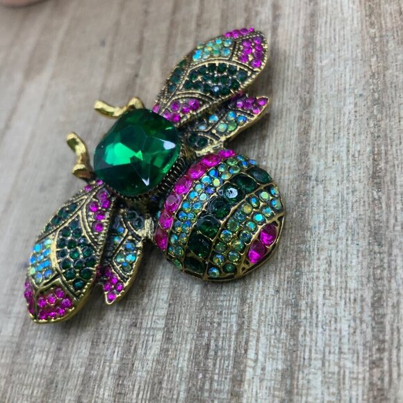 Bubble Bee Insect Green Pink Crystal Gold Tone Brooch - Picture 6 of 7